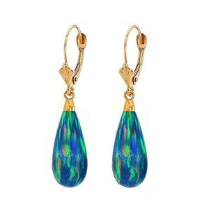 14K Yellow Gold Teardrop Blue Green Fire Opal Lever back Dangle Earrings